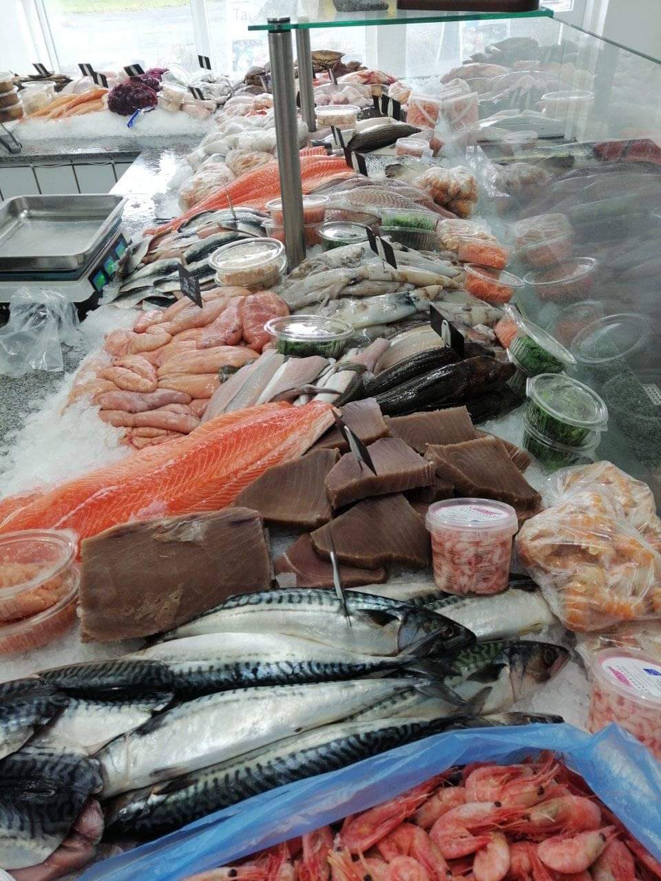 Butikkens fiskedisk med et stort udvalg af fisk, skaldyr og salater